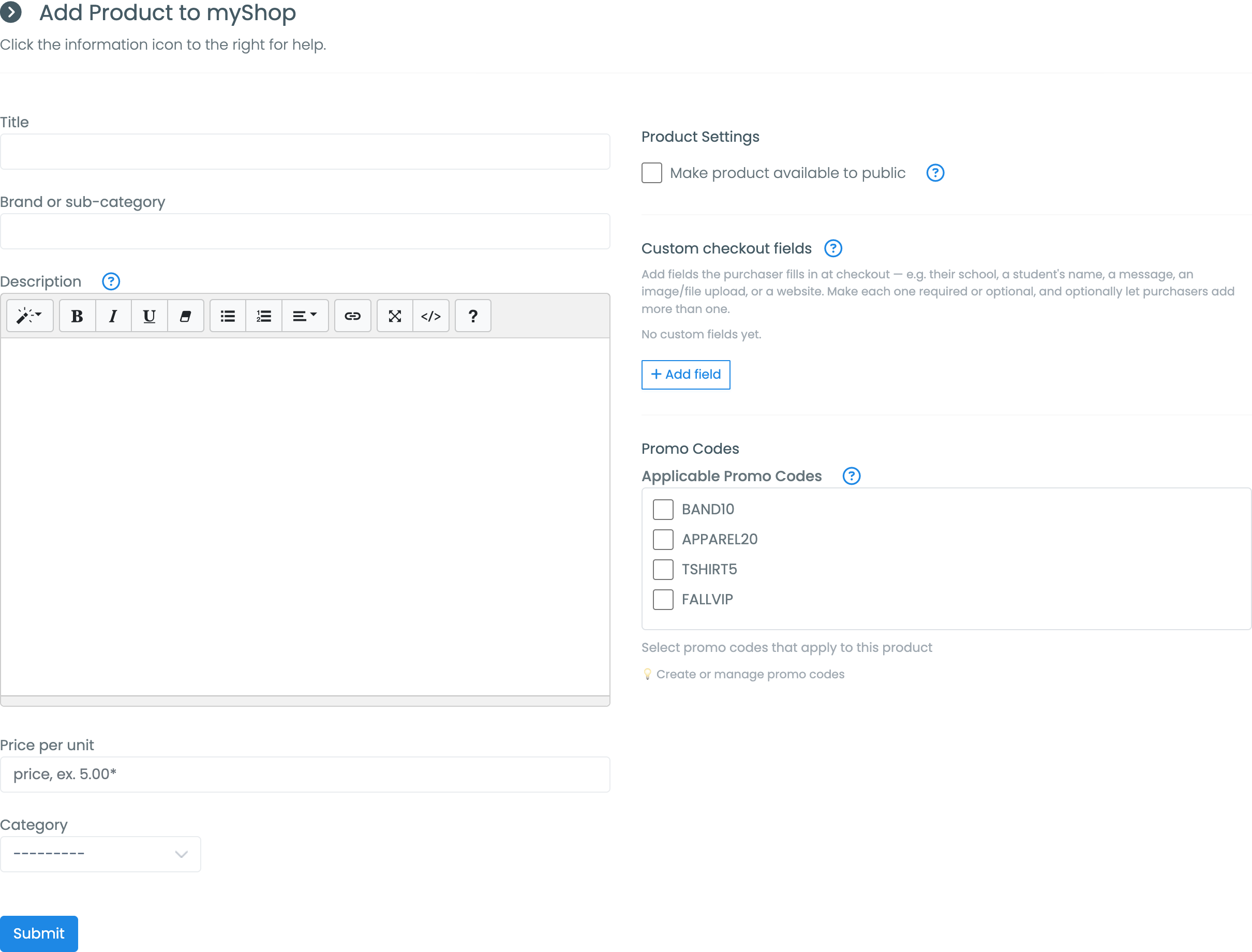The Add Product form showing Title, Brand or sub-category, Description, Price per unit, Category and the Product Settings section