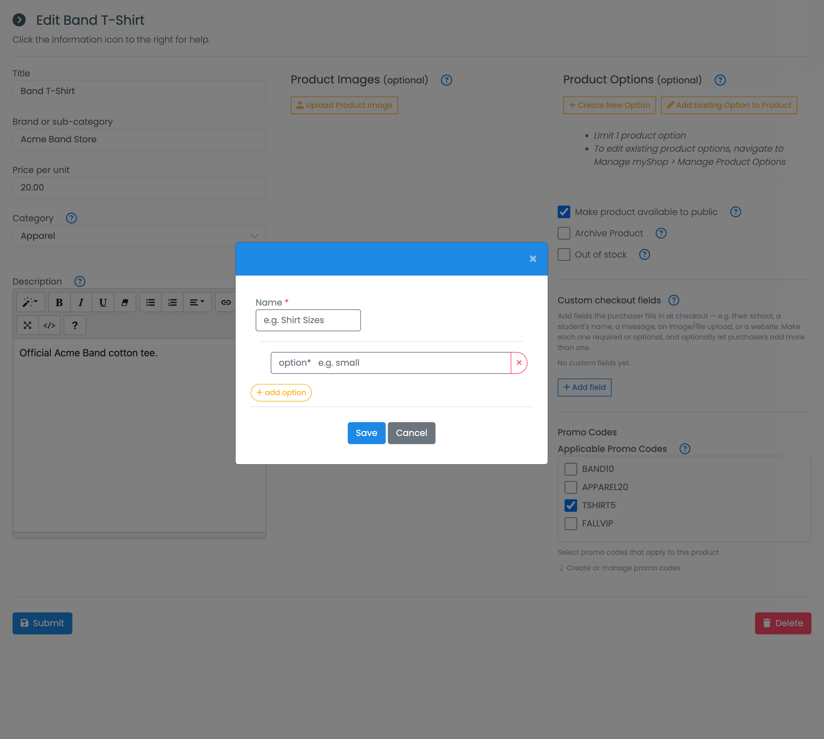The Create New Option panel with an option name and tiered choices, each with an additional cost