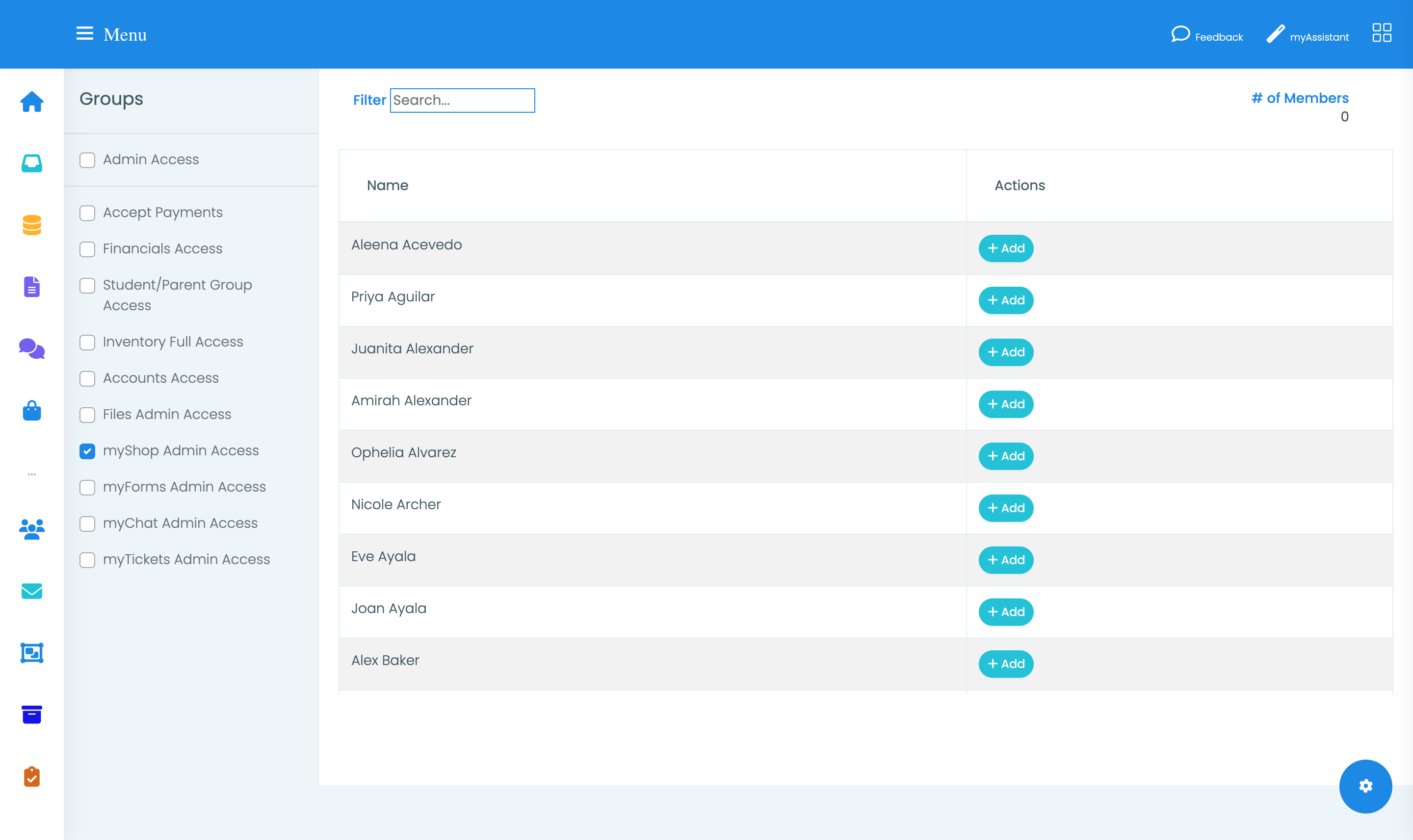 The Grant Elevated Access screen with the myShop Admin Access box checked and a list of members with Add buttons