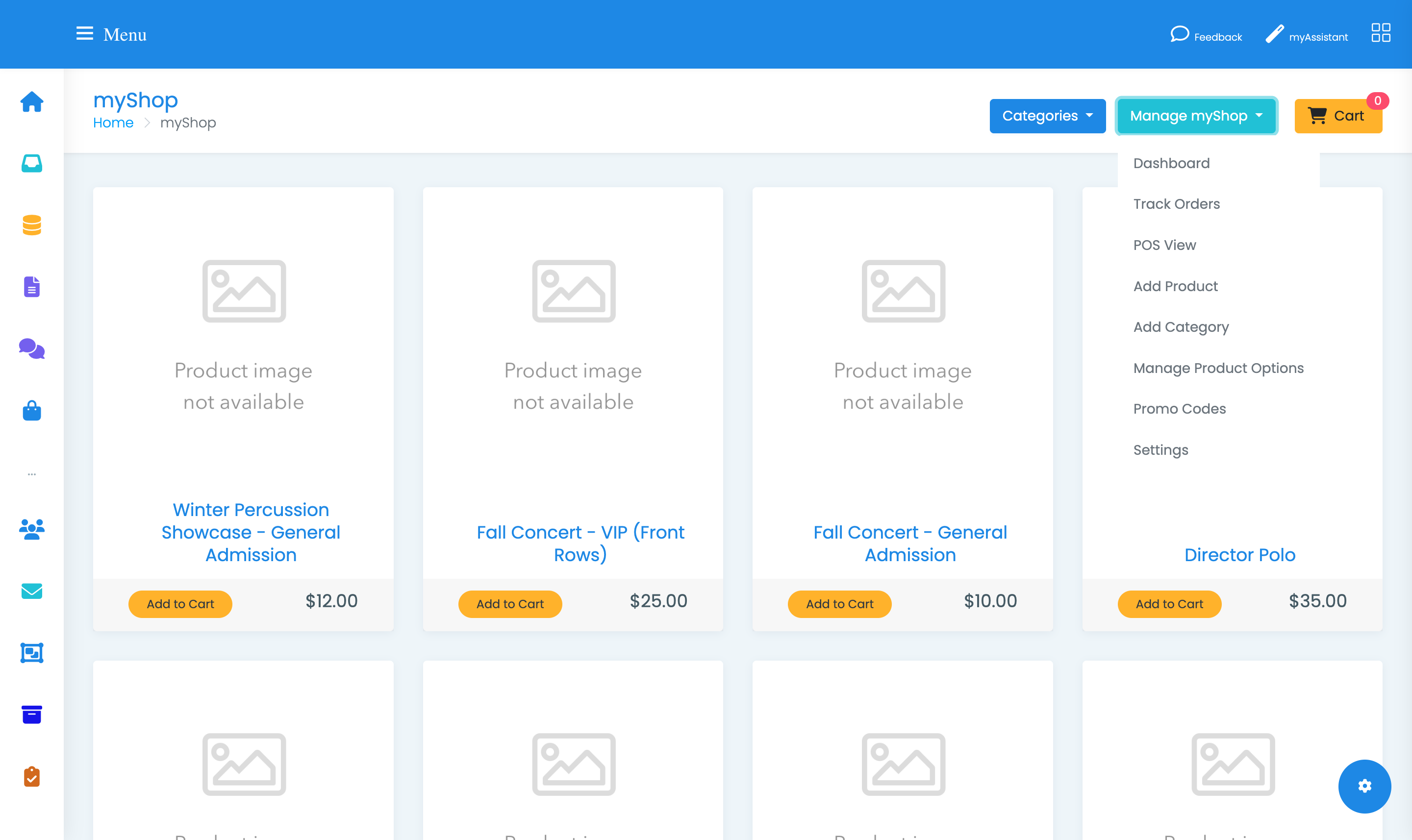 The Manage myShop dropdown menu open, showing Dashboard, Track Orders, POS View, Add Product, Add Category, Manage Product Options, Promo Codes and Settings